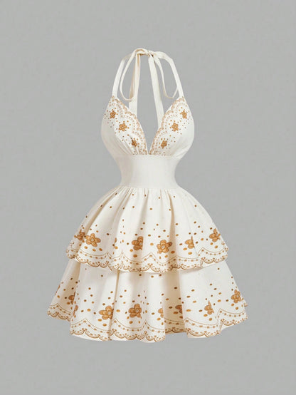 Skyraze Summer Dresses For Women,White And Gold Floral Embroidery Halter Neck Deep V Woven Dress,Tiered Ruffle Scalloped Edge Holiday Casual Party Holiday