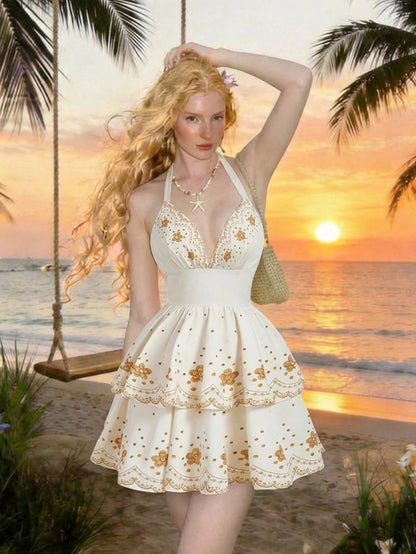 Skyraze Summer Dresses For Women,White And Gold Floral Embroidery Halter Neck Deep V Woven Dress,Tiered Ruffle Scalloped Edge Holiday Casual Party Holiday