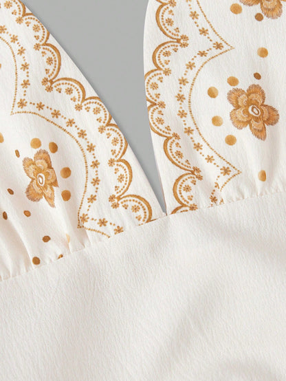 Skyraze Summer Dresses For Women,White And Gold Floral Embroidery Halter Neck Deep V Woven Dress,Tiered Ruffle Scalloped Edge Holiday Casual Party Holiday