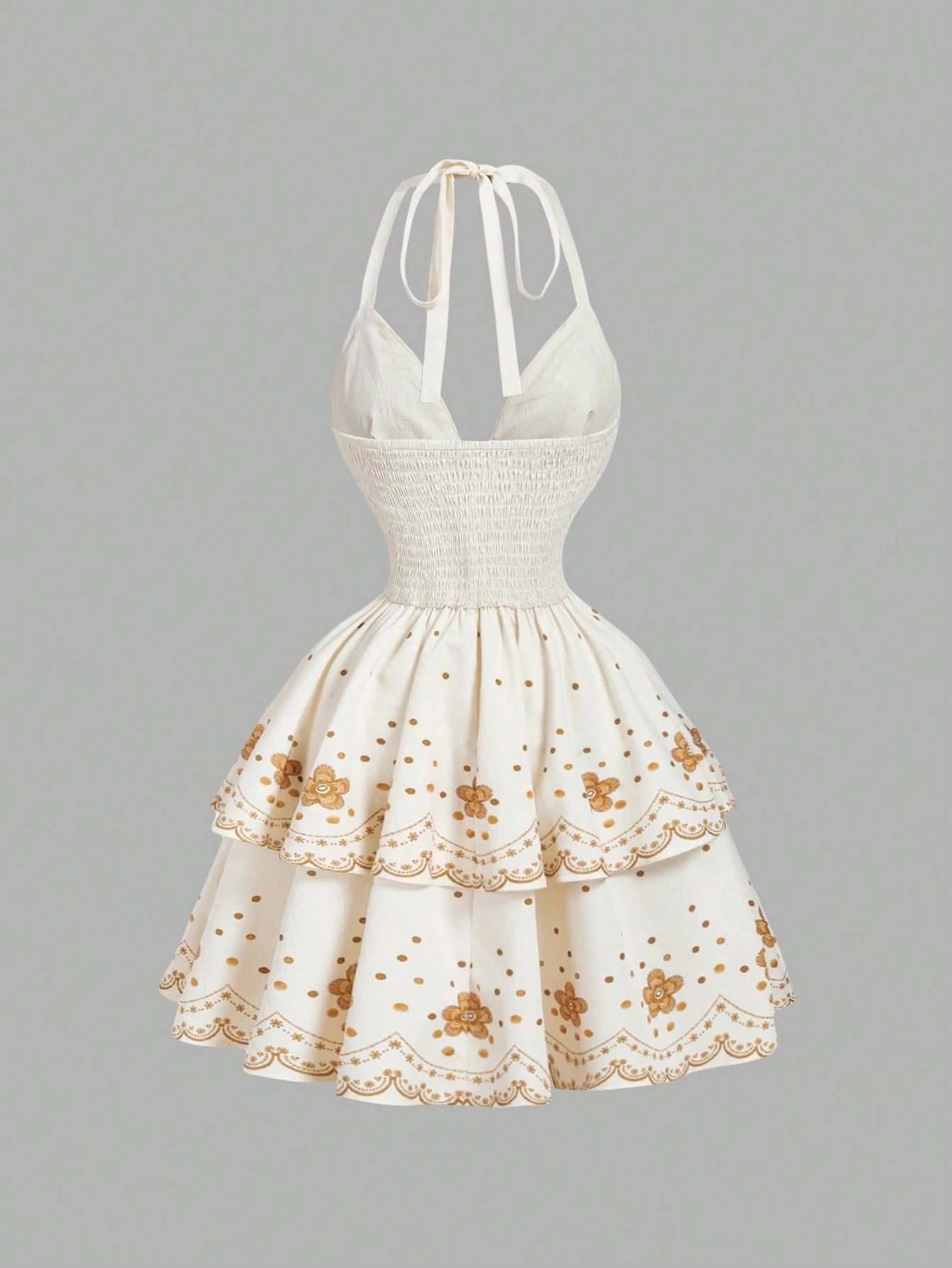 Skyraze Summer Dresses For Women,White And Gold Floral Embroidery Halter Neck Deep V Woven Dress,Tiered Ruffle Scalloped Edge Holiday Casual Party Holiday