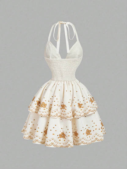 Skyraze Summer Dresses For Women,White And Gold Floral Embroidery Halter Neck Deep V Woven Dress,Tiered Ruffle Scalloped Edge Holiday Casual Party Holiday