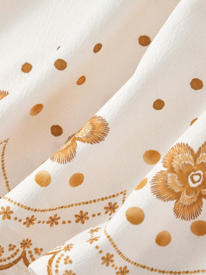 Skyraze Summer Dresses For Women,White And Gold Floral Embroidery Halter Neck Deep V Woven Dress,Tiered Ruffle Scalloped Edge Holiday Casual Party Holiday