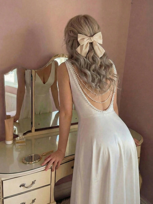 Skyraze White Satin Faux Pearl Chain Decor Backless Mid-Length Dress,Summer Elegant Dining Outfits Women,Bridal Shower Birthday Party Graduation Prom Dress