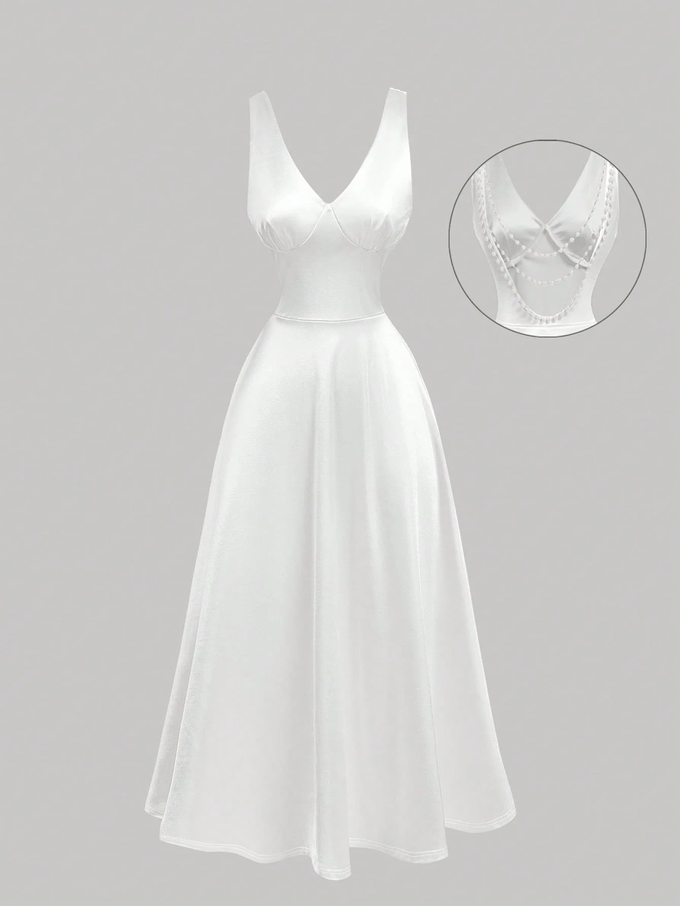 Skyraze White Satin Faux Pearl Chain Decor Backless Mid-Length Dress,Summer Elegant Dining Outfits Women,Bridal Shower Birthday Party Graduation Prom Dress