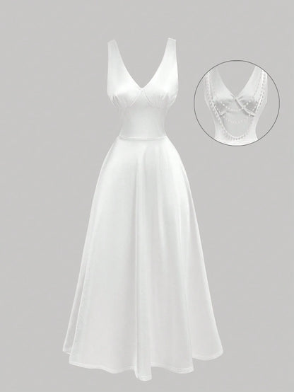 Skyraze White Satin Faux Pearl Chain Decor Backless Mid-Length Dress,Summer Elegant Dining Outfits Women,Bridal Shower Birthday Party Graduation Prom Dress