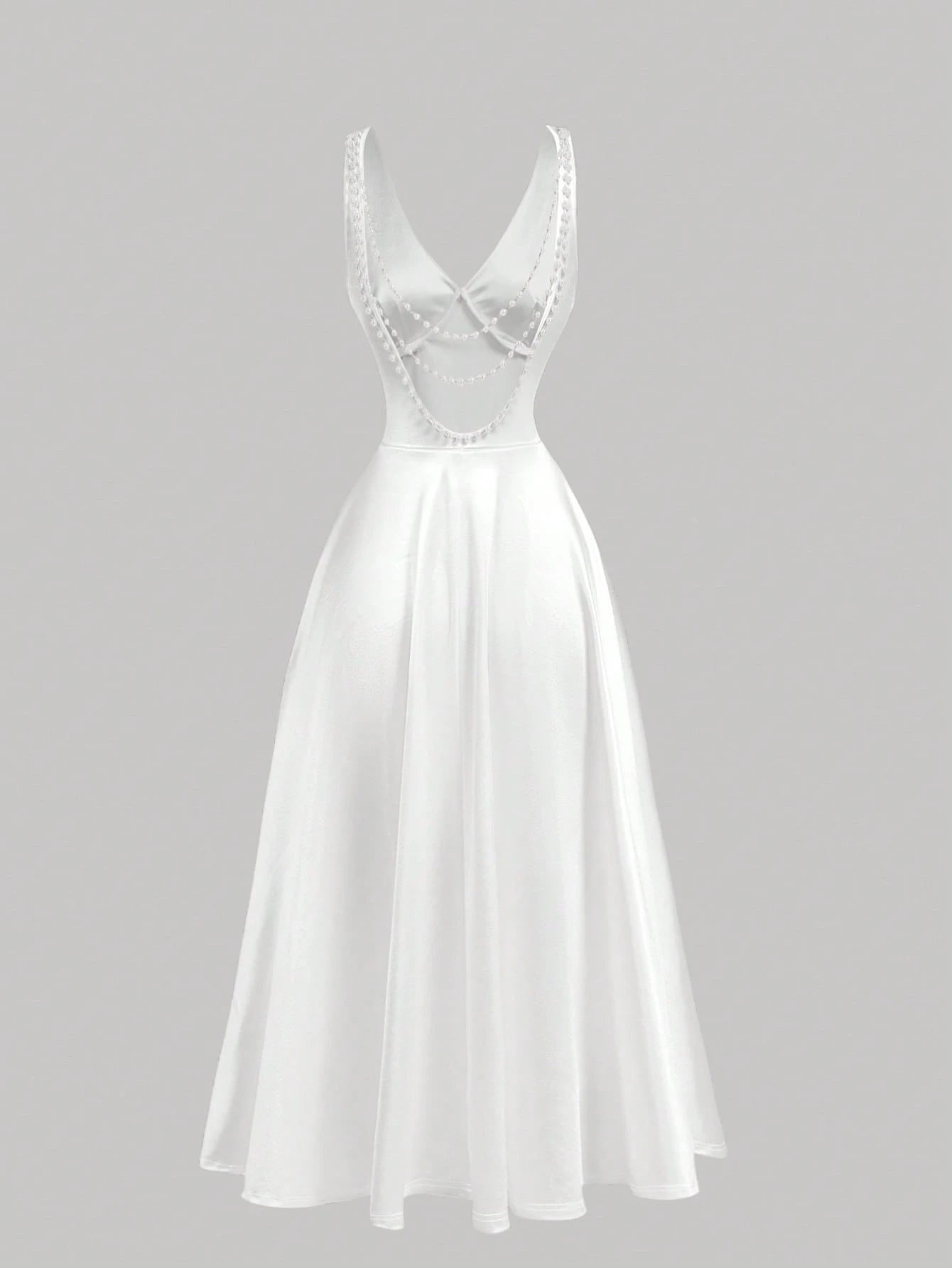 Skyraze White Satin Faux Pearl Chain Decor Backless Mid-Length Dress,Summer Elegant Dining Outfits Women,Bridal Shower Birthday Party Graduation Prom Dress