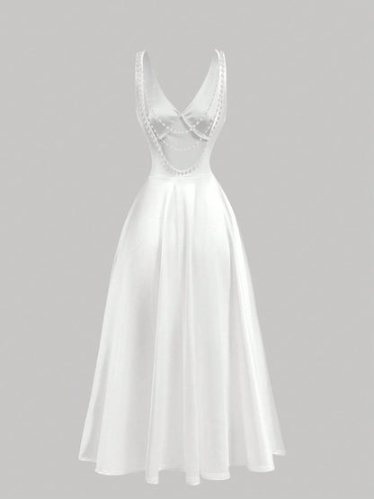 Skyraze White Satin Faux Pearl Chain Decor Backless Mid-Length Dress,Summer Elegant Dining Outfits Women,Bridal Shower Birthday Party Graduation Prom Dress