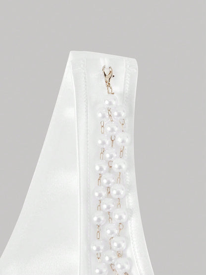 Skyraze White Satin Faux Pearl Chain Decor Backless Mid-Length Dress,Summer Elegant Dining Outfits Women,Bridal Shower Birthday Party Graduation Prom Dress