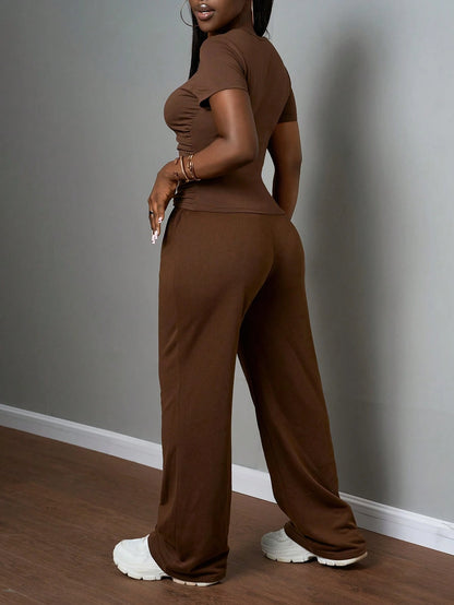 Slaydiva 2025 Women's Casual Coffee Brown Summer Lounge Two-Piece Set,Round Neck Slim Short Sleeve T-Shirt Drawstring Waist Straight Pants,Daily Travel