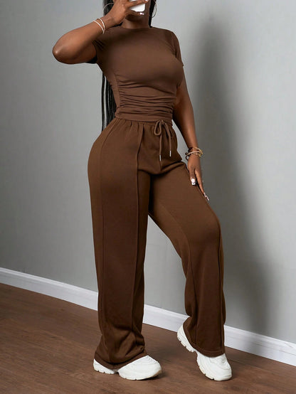 Slaydiva 2025 Women's Casual Coffee Brown Summer Lounge Two-Piece Set,Round Neck Slim Short Sleeve T-Shirt Drawstring Waist Straight Pants,Daily Travel