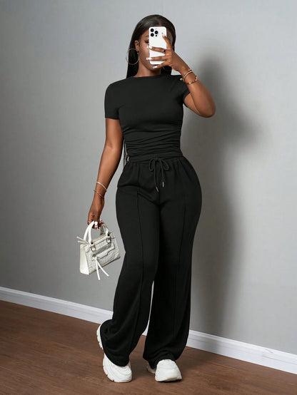 Slaydiva 2025 Women's Casual Coffee Brown Summer Lounge Two-Piece Set,Round Neck Slim Short Sleeve T-Shirt Drawstring Waist Straight Pants,Daily Travel