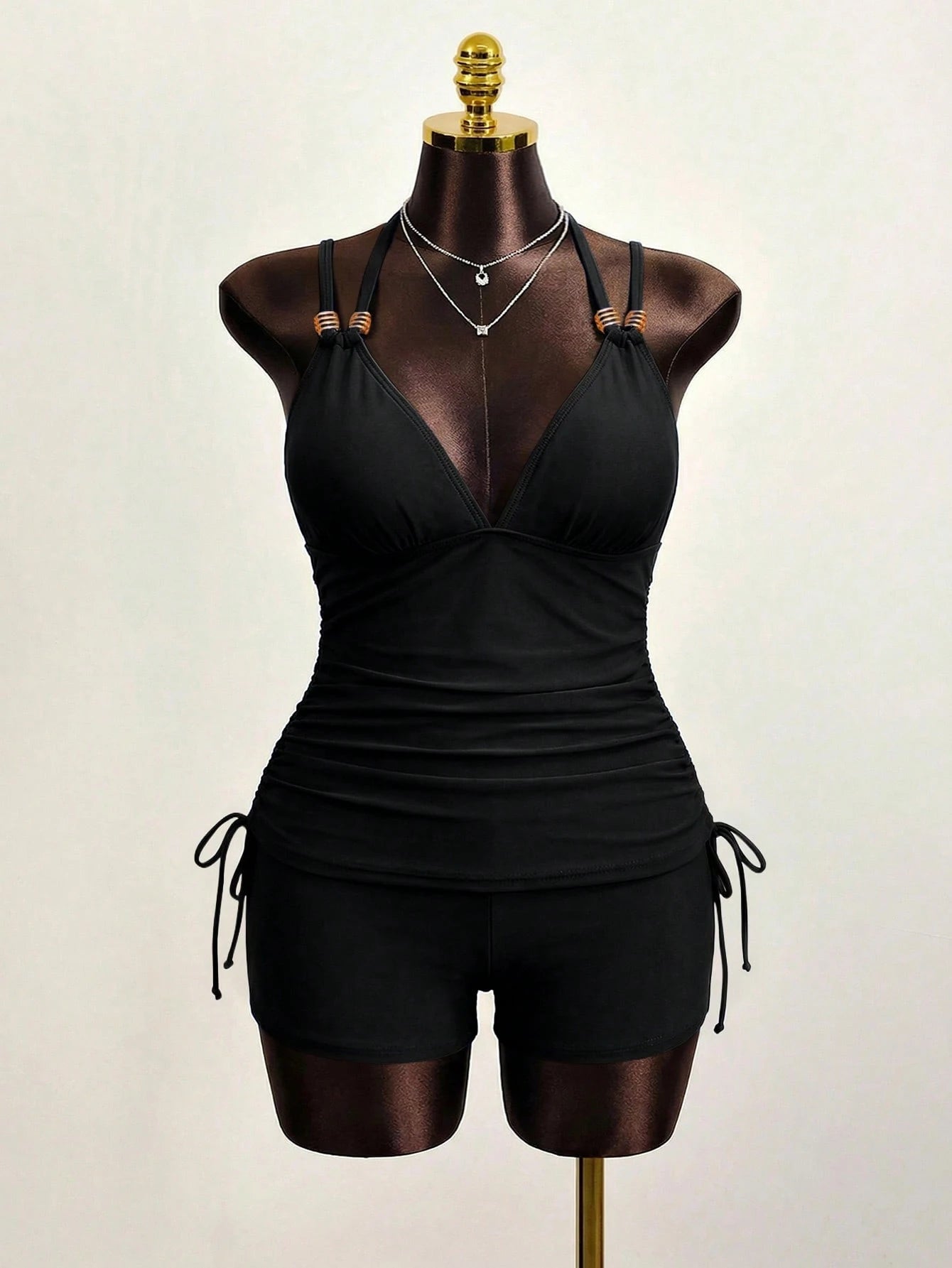 Slaydiva 2026 New 2pcs Plus Size Women Set, Solid Deep V Spaghetti Strap Ruched Top Paired With High Waist Shorts, Beach Vacation