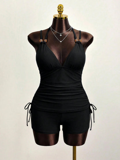 Slaydiva 2026 New 2pcs Plus Size Women Set, Solid Deep V Spaghetti Strap Ruched Top Paired With High Waist Shorts, Beach Vacation