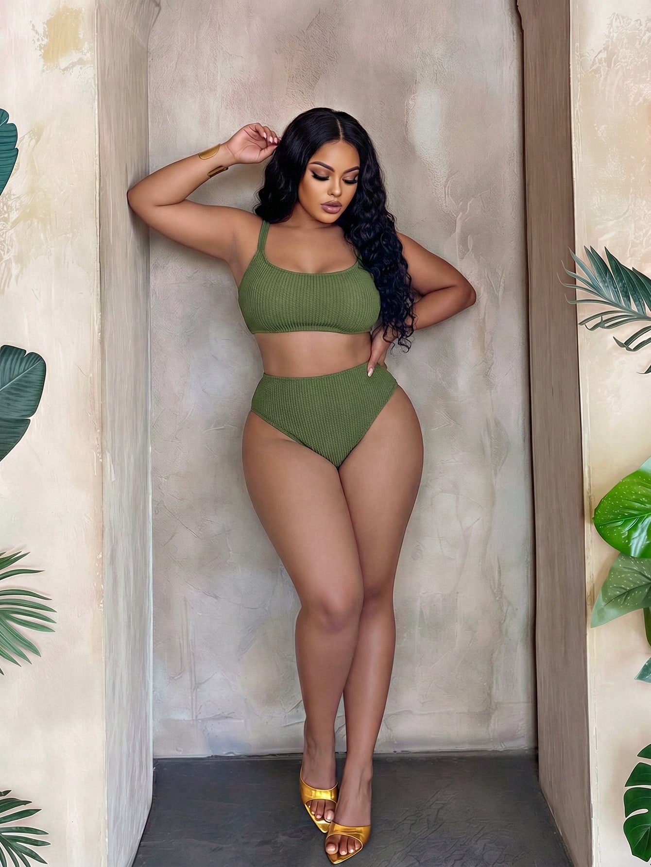 Slaydiva 2026 New Casual Adjustable Thick Strap Two Pieces Swimwear Set, Military Green, Plus Size