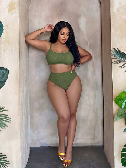 Slaydiva 2026 New Casual Adjustable Thick Strap Two Pieces Swimwear Set, Military Green, Plus Size
