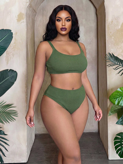 Slaydiva 2026 New Casual Adjustable Thick Strap Two Pieces Swimwear Set, Military Green, Plus Size