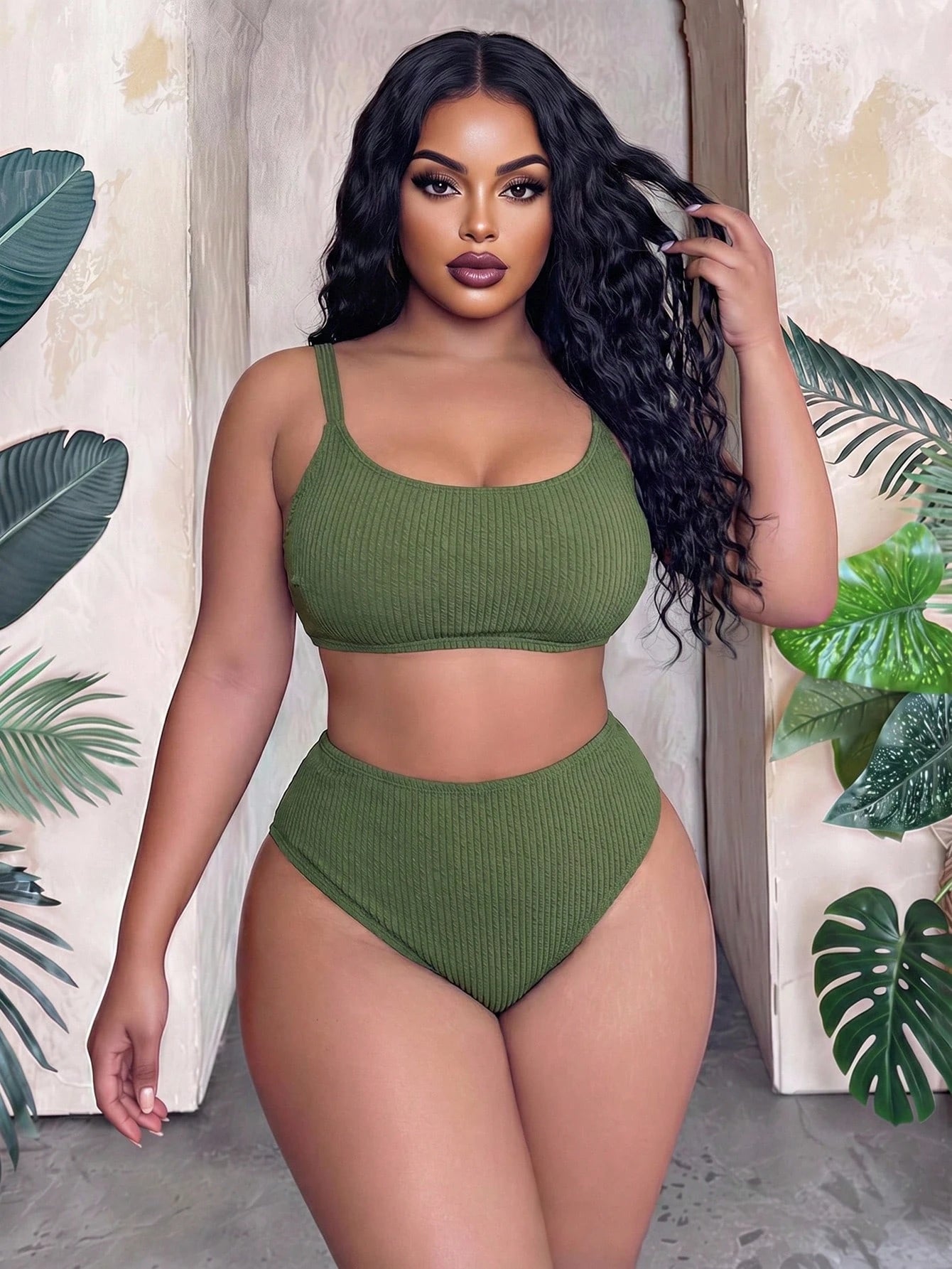 Slaydiva 2026 New Casual Adjustable Thick Strap Two Pieces Swimwear Set, Military Green, Plus Size