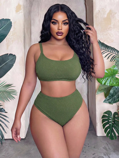 Slaydiva 2026 New Casual Adjustable Thick Strap Two Pieces Swimwear Set, Military Green, Plus Size