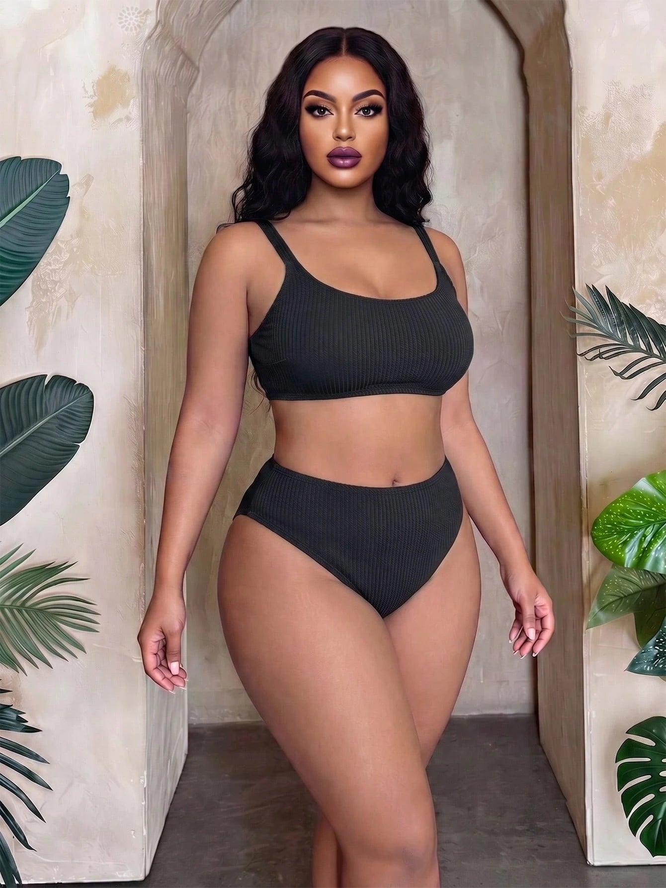 Slaydiva 2026 New Casual Adjustable Thick Strap Two Pieces Swimwear Set, Military Green, Plus Size