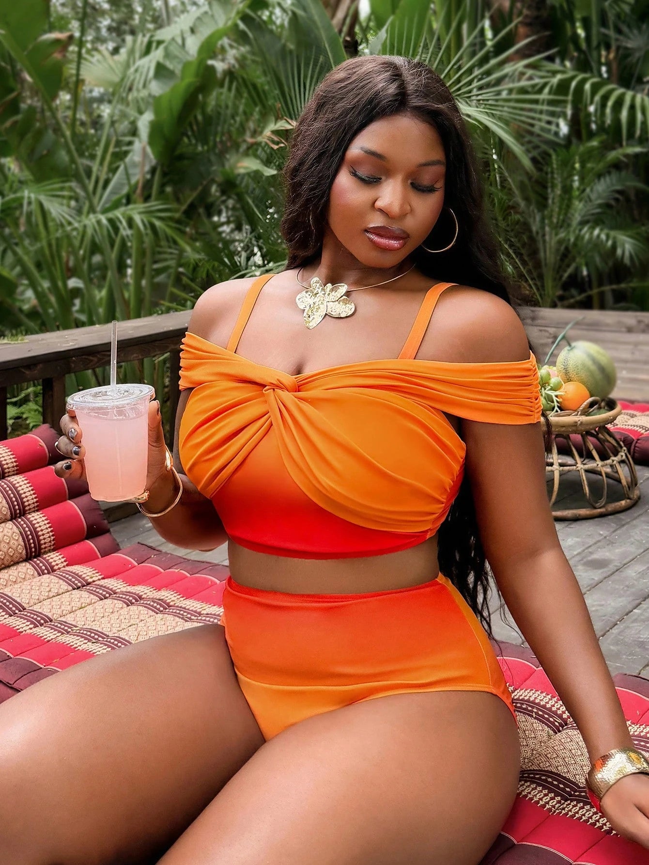 Slaydiva 2026 New Plus Size Women 2-Piece Orange-Pink Ombre Color Block Off Shoulder Twist Tummy Control High Waist Bikini Set, Summer Holiday Outfit, Party Dress, Elegant Ladies Beach Swimwear, Women
