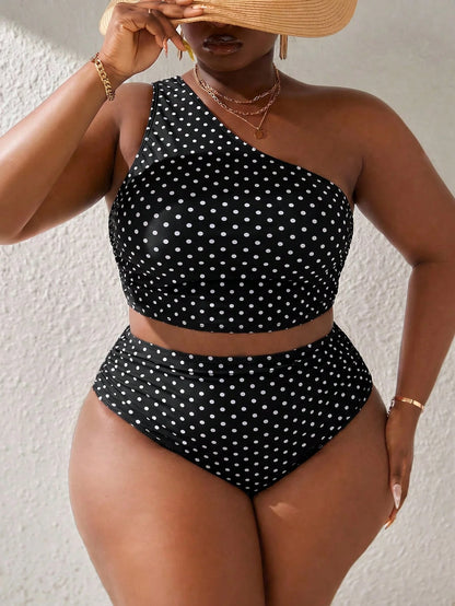 Slaydiva 2026 New Summer Plus Size Women's Polka Dot Print One Shoulder Tankini Set
