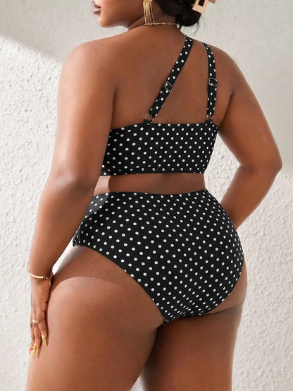 Slaydiva 2026 New Summer Plus Size Women's Polka Dot Print One Shoulder Tankini Set