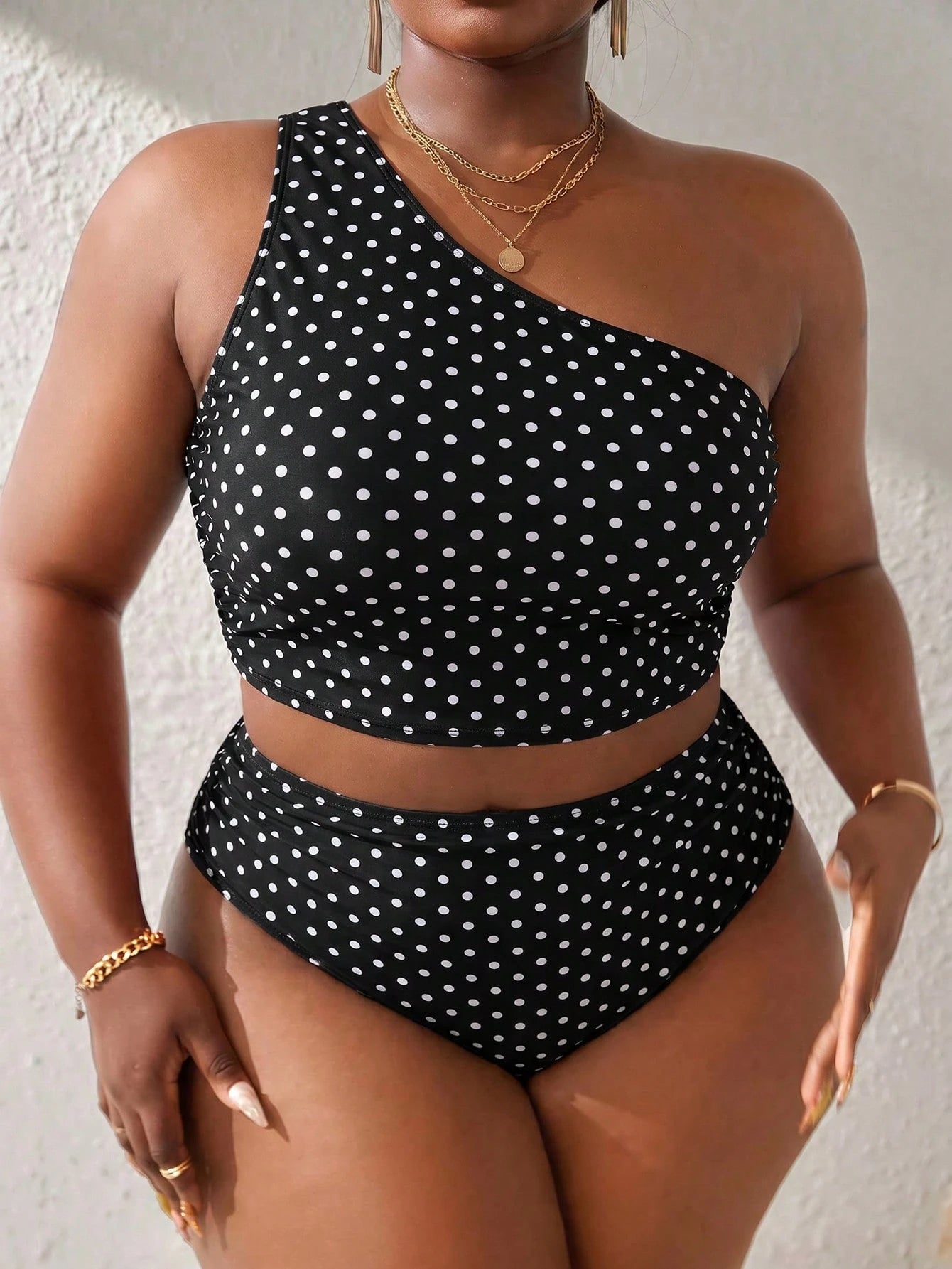 Slaydiva 2026 New Summer Plus Size Women's Polka Dot Print One Shoulder Tankini Set