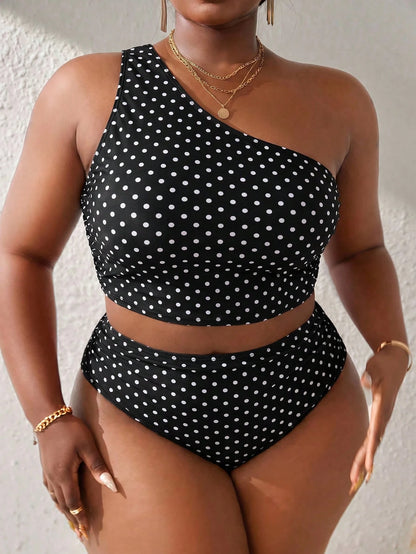 Slaydiva 2026 New Summer Plus Size Women's Polka Dot Print One Shoulder Tankini Set
