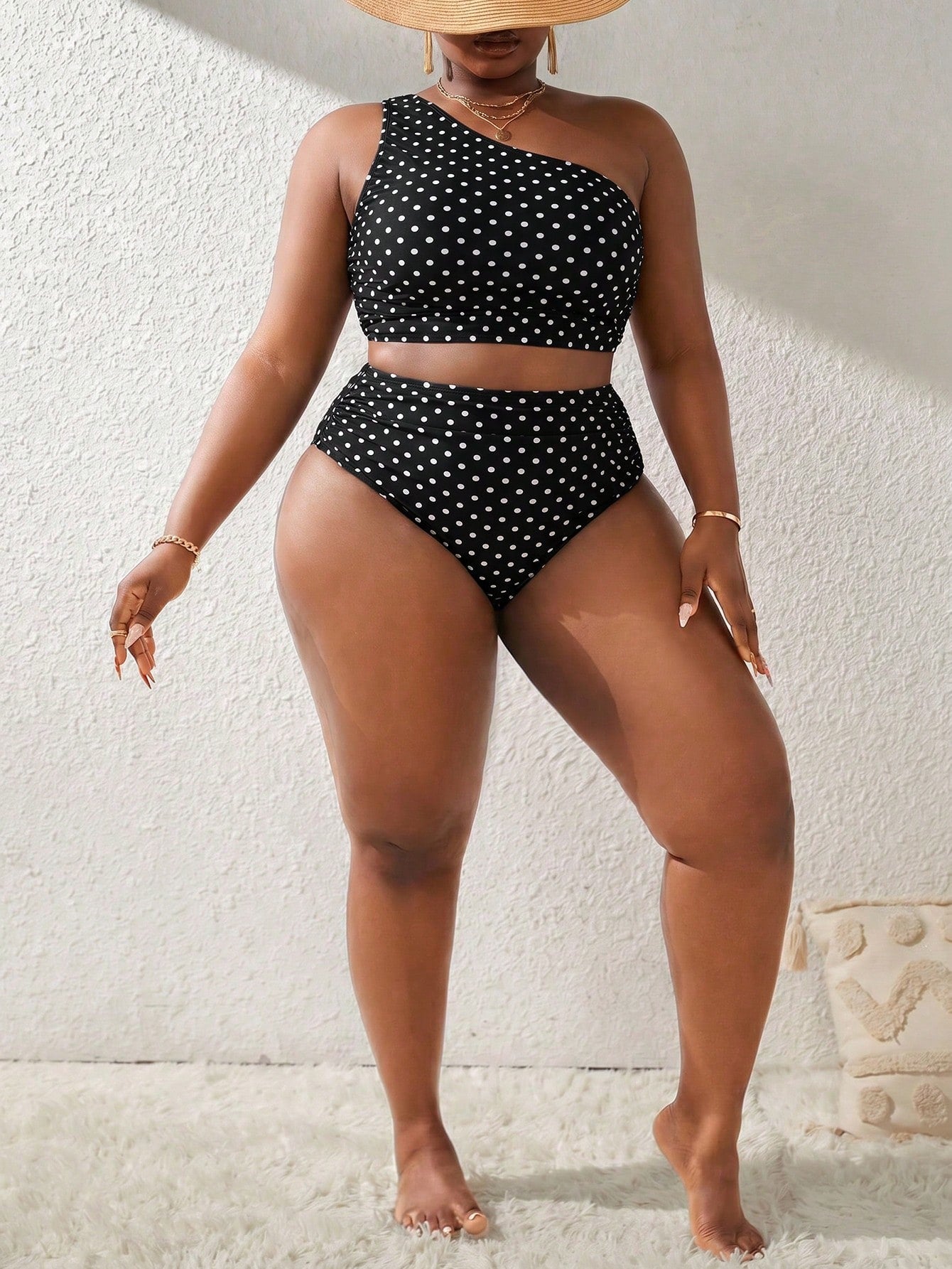 Slaydiva 2026 New Summer Plus Size Women's Polka Dot Print One Shoulder Tankini Set