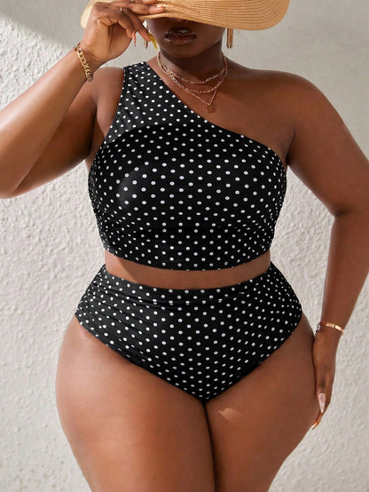 Slaydiva 2026 New Summer Plus Size Women's Polka Dot Print One Shoulder Tankini Set