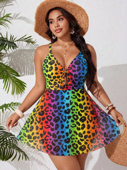 Slaydiva 2026 Plus Size One-Piece Swimsuit,Yellow Leopard Print V-Neck Bowknot A-Line Skirt Hides Tummy,High Elasticity Beach Vacation Summer Tropical Swimwear