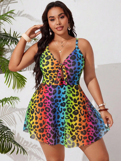 Slaydiva 2026 Plus Size One-Piece Swimsuit,Yellow Leopard Print V-Neck Bowknot A-Line Skirt Hides Tummy,High Elasticity Beach Vacation Summer Tropical Swimwear