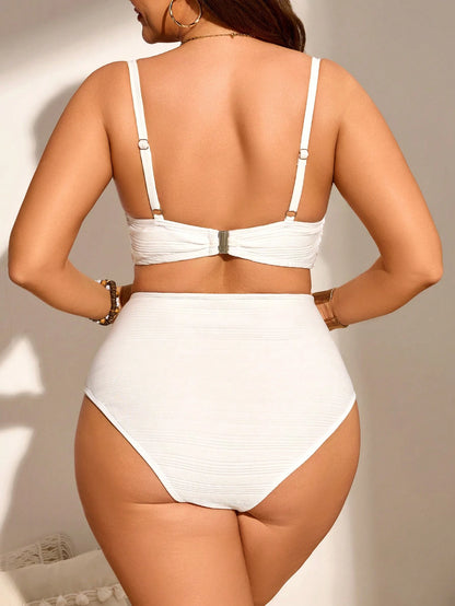 Slaydiva 2Pcs Plus Size Women Solid Padded Camisole Style Split Swimwear Holiday Set For Summer Beach Vacation
