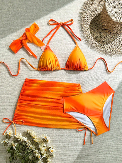 Slaydiva 4pcs Plus Size Women's Tie-Dye Printed Bikini Set With Ruched Mesh Skirt & Headband, Summer Beach Vacation Swimwear