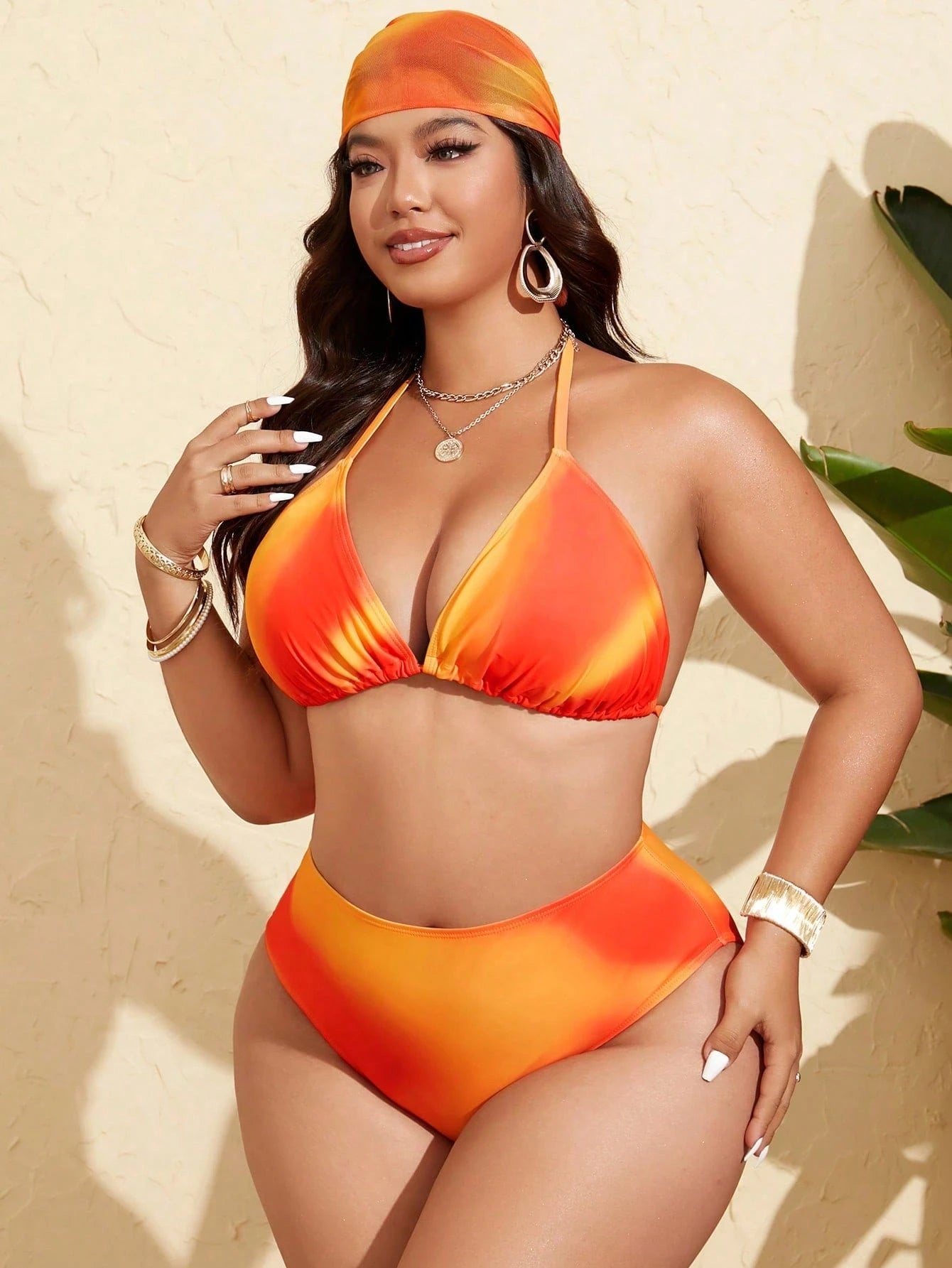 Slaydiva 4pcs Plus Size Women's Tie-Dye Printed Bikini Set With Ruched Mesh Skirt & Headband, Summer Beach Vacation Swimwear