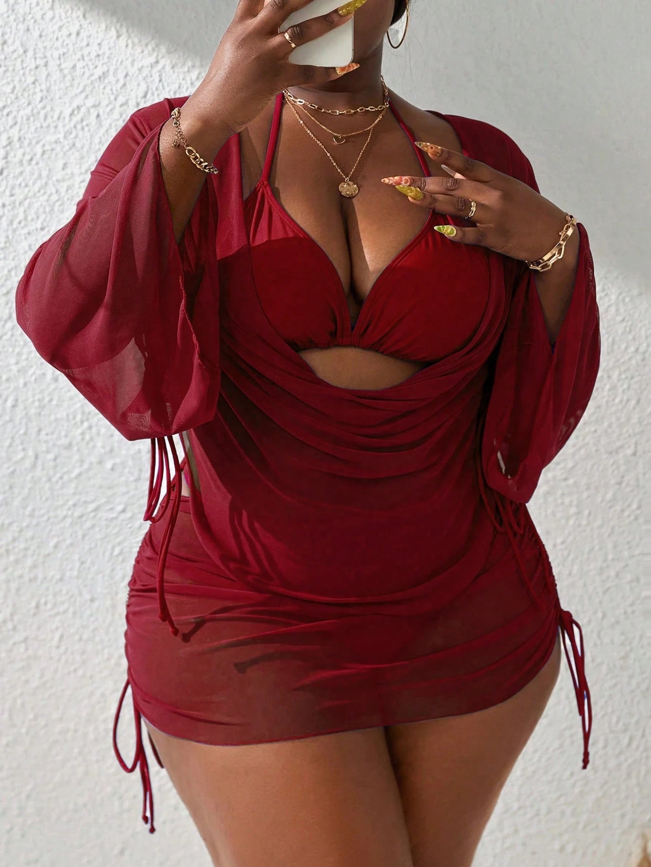 Slaydiva 4pcs/Set Plus Size Women's Solid Color Spaghetti Strap Cup Bikini Set With Long Sleeve Cover Up Top & Cover Up Skirt, For Beach Vacation Summer