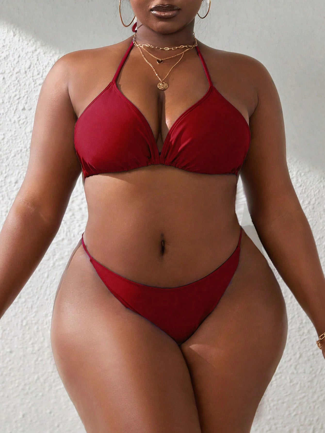 Slaydiva 4pcs/Set Plus Size Women's Solid Color Spaghetti Strap Cup Bikini Set With Long Sleeve Cover Up Top & Cover Up Skirt, For Beach Vacation Summer