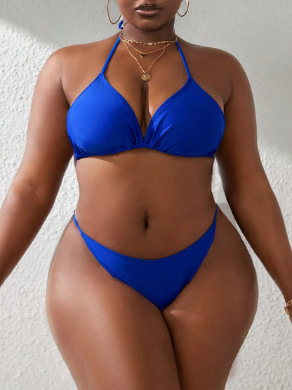 Slaydiva 4pcs/Set Plus Size Women's Solid Color Spaghetti Strap Cup Bikini Set With Long Sleeve Cover Up Top & Cover Up Skirt, For Beach Vacation Summer
