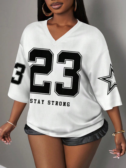 Slaydiva Casual Minimalist Letter & Number Graphic Women T-Shirt, Suitable For Summer Carnival