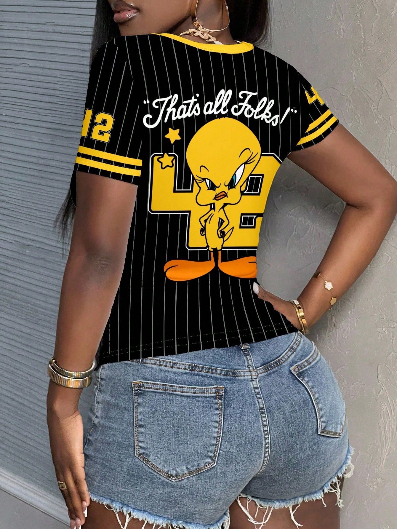 Slaydiva LOONEY TUNES X Plus Size Women's Fun Black Letter Print Color Block Short Sleeve T-Shirt Back-To-School Holiday Semi Formal Tennis Summer