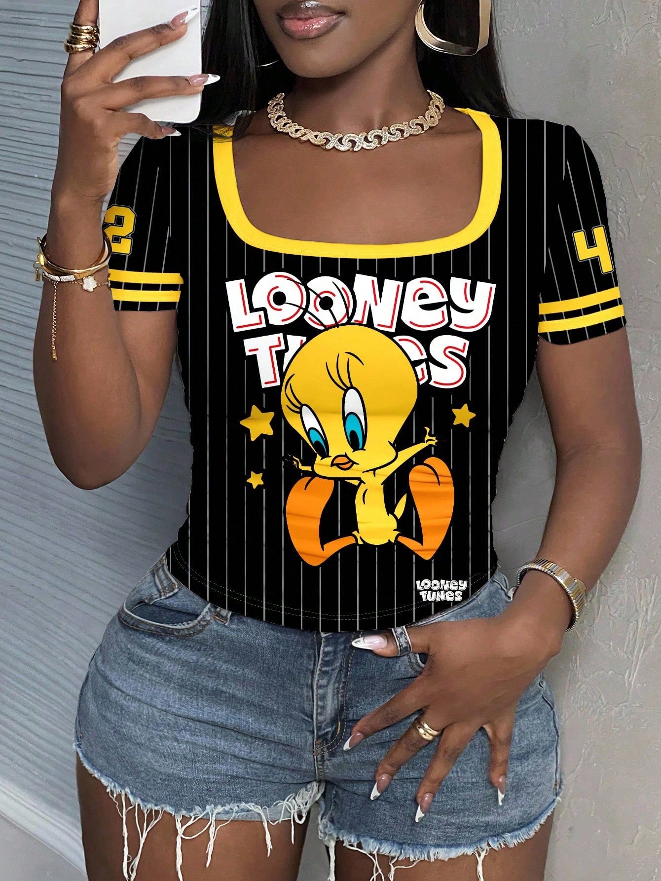 Slaydiva LOONEY TUNES X Plus Size Women's Fun Black Letter Print Color Block Short Sleeve T-Shirt Back-To-School Holiday Semi Formal Tennis Summer