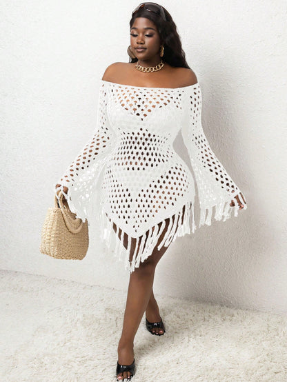 Slaydiva Plus Size Off-Shoulder Fringe Knitted Cover-Up For Summer Beach Vacation