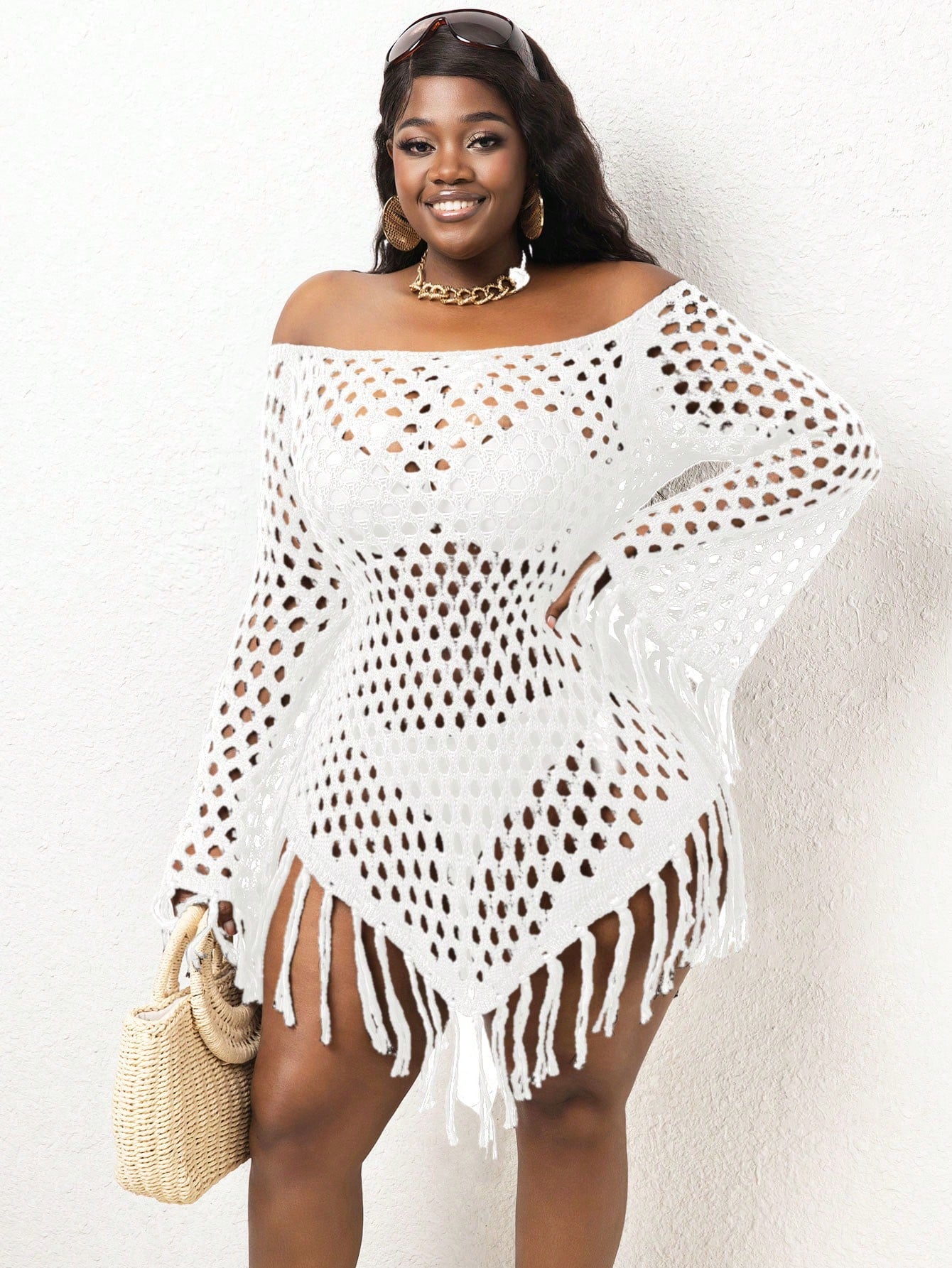 Slaydiva Plus Size Off-Shoulder Fringe Knitted Cover-Up For Summer Beach Vacation
