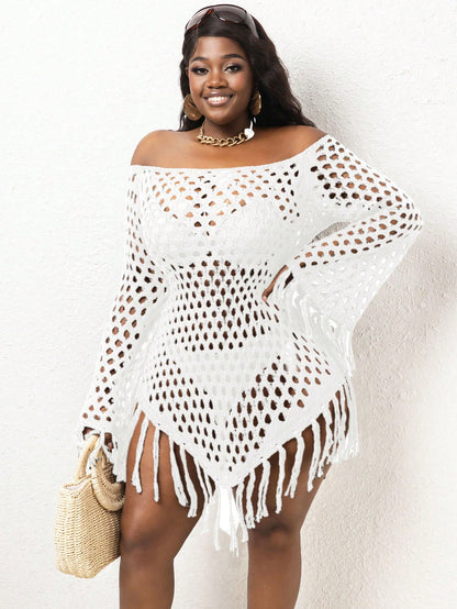 Slaydiva Plus Size Off-Shoulder Fringe Knitted Cover-Up For Summer Beach Vacation