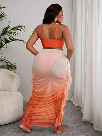 Slaydiva Plus Size Vacation Beach Gradient Bikini Swimsuit With Ruffle Cover-Up Skirt Set