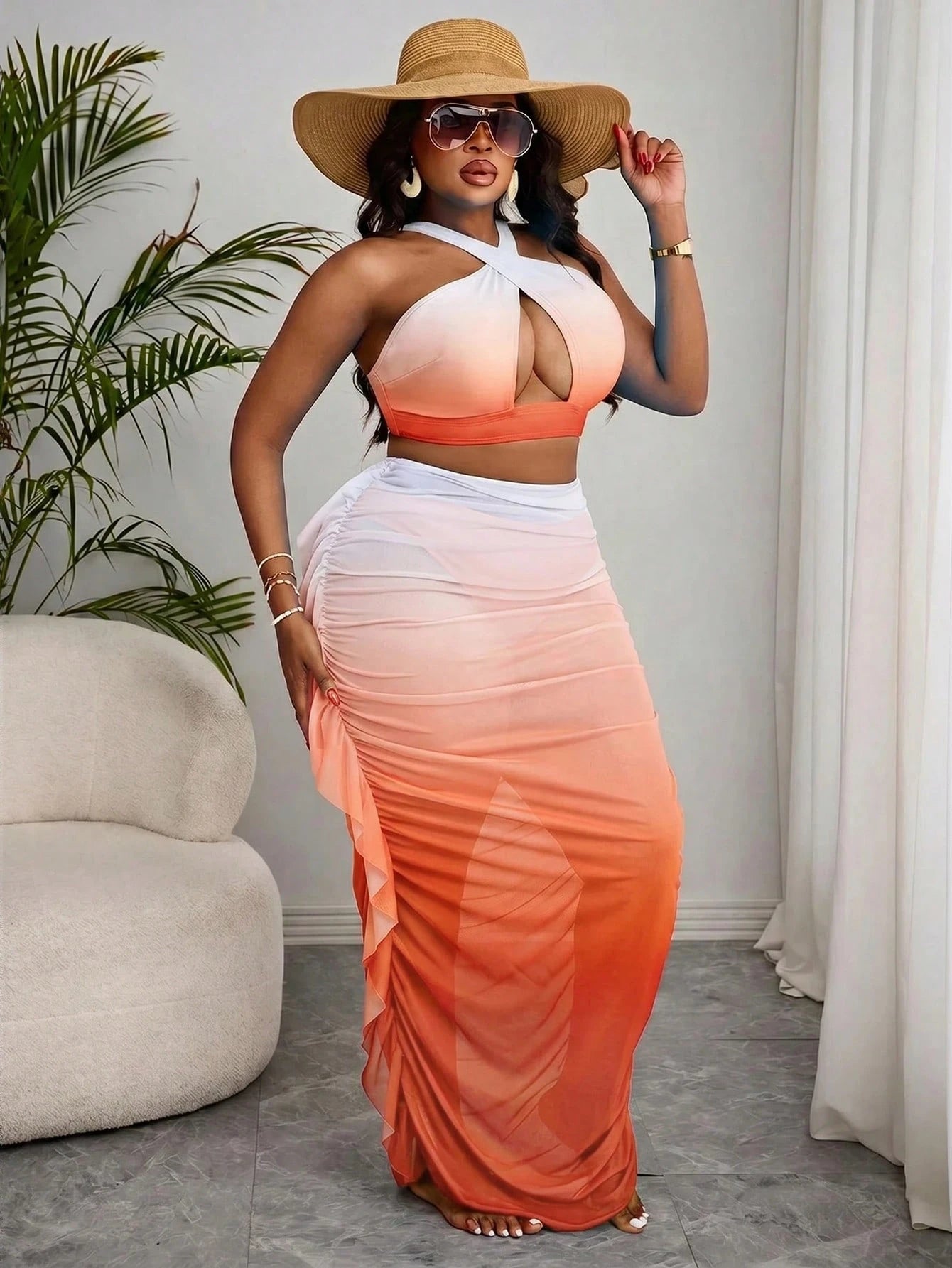 Slaydiva Plus Size Vacation Beach Gradient Bikini Swimsuit With Ruffle Cover-Up Skirt Set