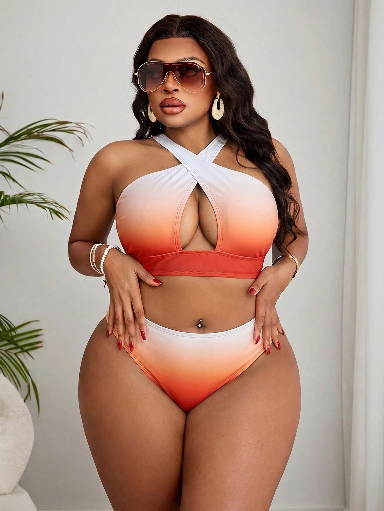 Slaydiva Plus Size Vacation Beach Gradient Bikini Swimsuit With Ruffle Cover-Up Skirt Set