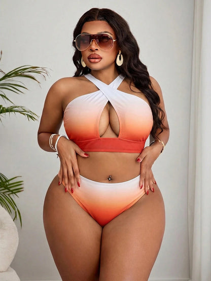Slaydiva Plus Size Vacation Beach Gradient Bikini Swimsuit With Ruffle Cover-Up Skirt Set