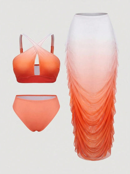 Slaydiva Plus Size Vacation Beach Gradient Bikini Swimsuit With Ruffle Cover-Up Skirt Set
