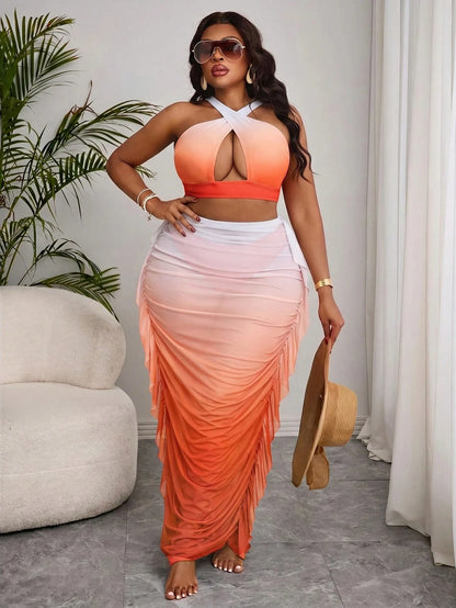 Slaydiva Plus Size Vacation Beach Gradient Bikini Swimsuit With Ruffle Cover-Up Skirt Set